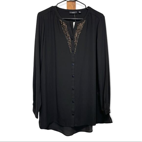 Susan Graver Artisan Black Beaded Sheer‎ Long Sleeve Button Down Shirt Size 10 - Picture 1 of 8